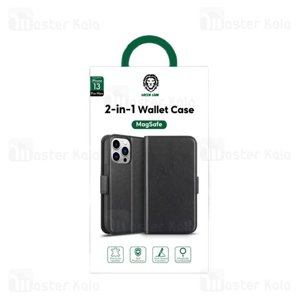 کیف چرمی مگ سیف گرین لاین آیفون Apple iPhone 13 Pro Max Green Lion 2 in 1 Leather Wallet